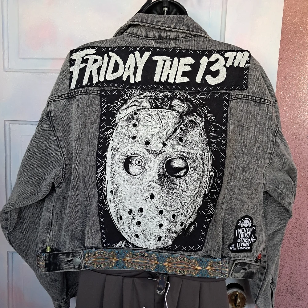 Custom RAGE Horror Cropped Grey Denim Jacket! OOAK Unique Fandom Wear! Friday 13 - Picture 1 of 16